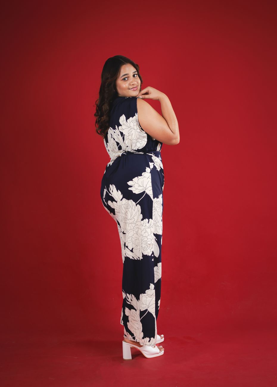 Navy floral-print jumpsuit